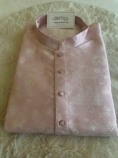 SM0825-02-02 Light Pink & Silver Motif Jacquard Silk Blend Kurta Set
