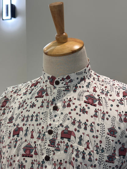 SM0326-16-01 White Base Tribe Print Short Cotton Kurta
