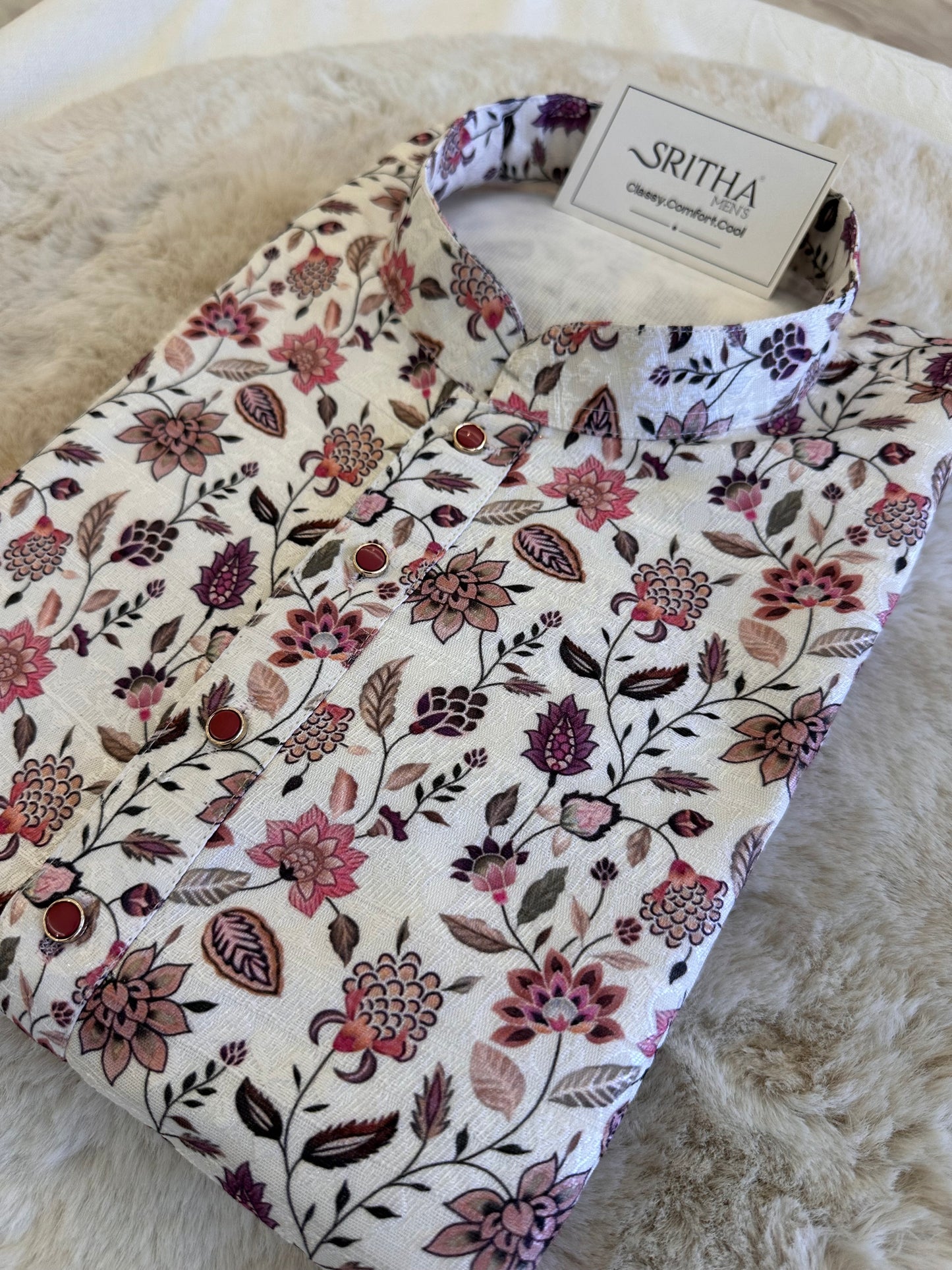 SM1125-02-05 White Floral Jacquard Silk with Lining Kurta Set