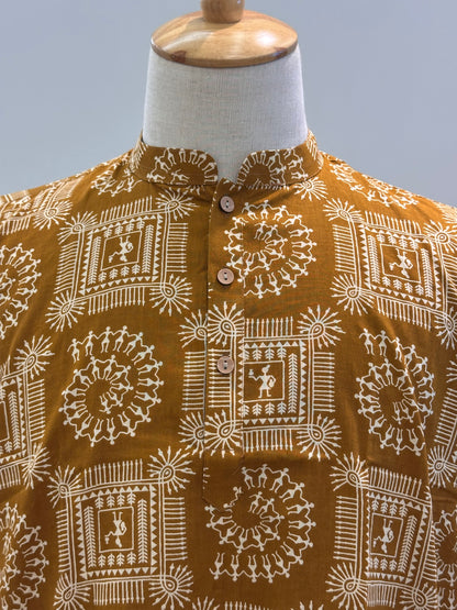 SM1025-18-06 Mustard Print Short Cotton Kurta