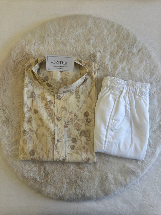 SM0725-02-07 Cream Floral Soft Muslin Blend Kurta Set