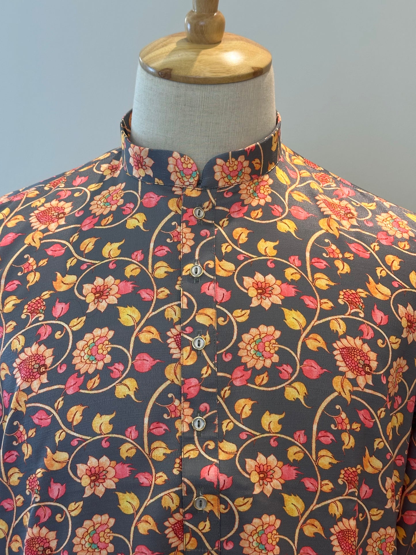 SM1225-01-09 Grey Floral Khadi Silk Kurta