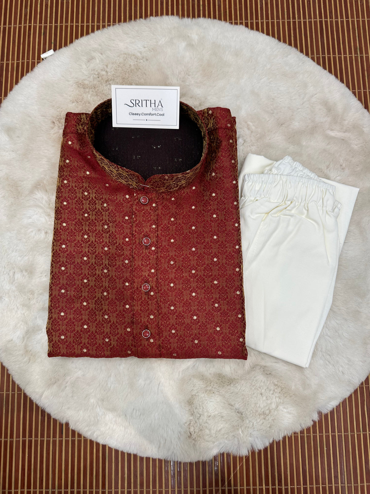 SM0826-02-12 Red & Gold Dual Shade Jacquard Silk Blend Kurta Set