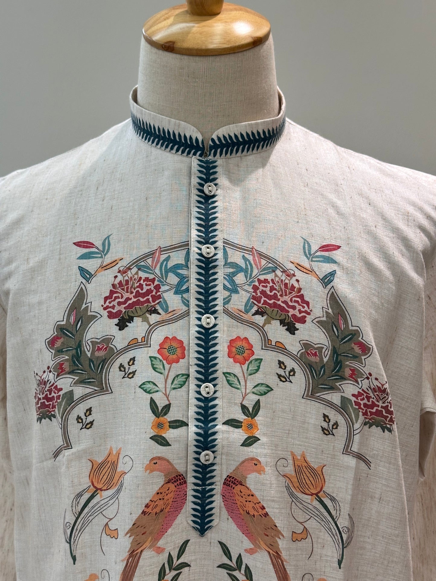 SM0226-01-01 Beige & Blue Leaf Floral Cotton Linen Kurta Set
