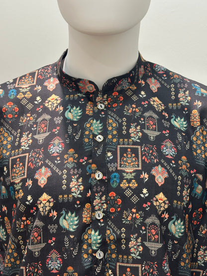 SM0726-01-02 Black Base Animal Printed Soft Cotton Kurta