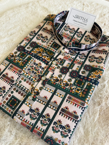 SM0925-01-15 Green & White Print Cotton Kurta