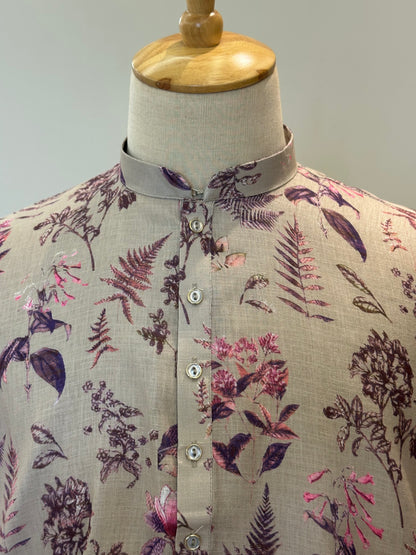 SM0626-01-02 Beige & Purple Design Printed Linen Blend Kurta