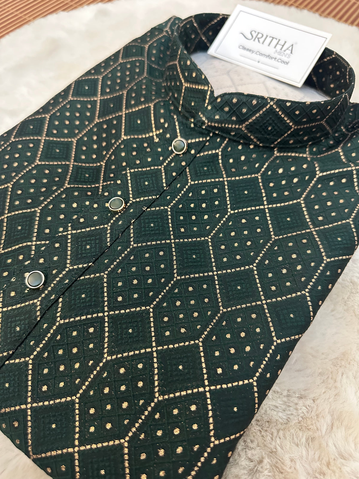 SM0826-02-09 Bottle Green & Gold Jacquard Silk Blend Kurta Set