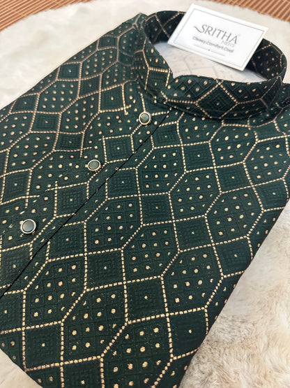 SM0826-02-09 Bottle Green & Gold Jacquard Silk Blend Kurta Set