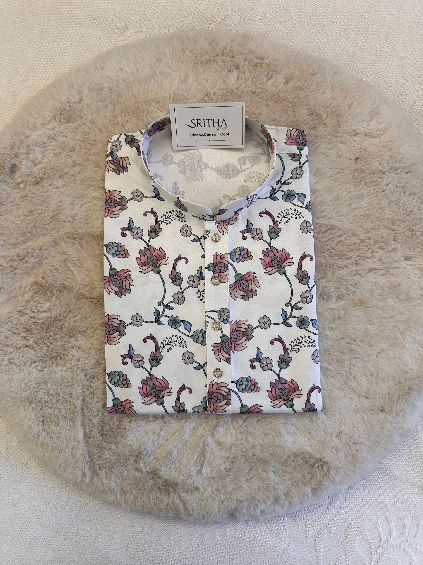 SM1225-01-03 White Base Blue Floral Soft Khadi Silk Kurta