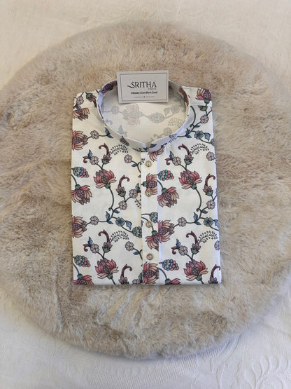 SM1225-01-03 White Base Blue Floral Soft Khadi Silk Kurta