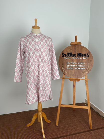 SM0826-01-06 White & Pink Soft Cotton Kurta