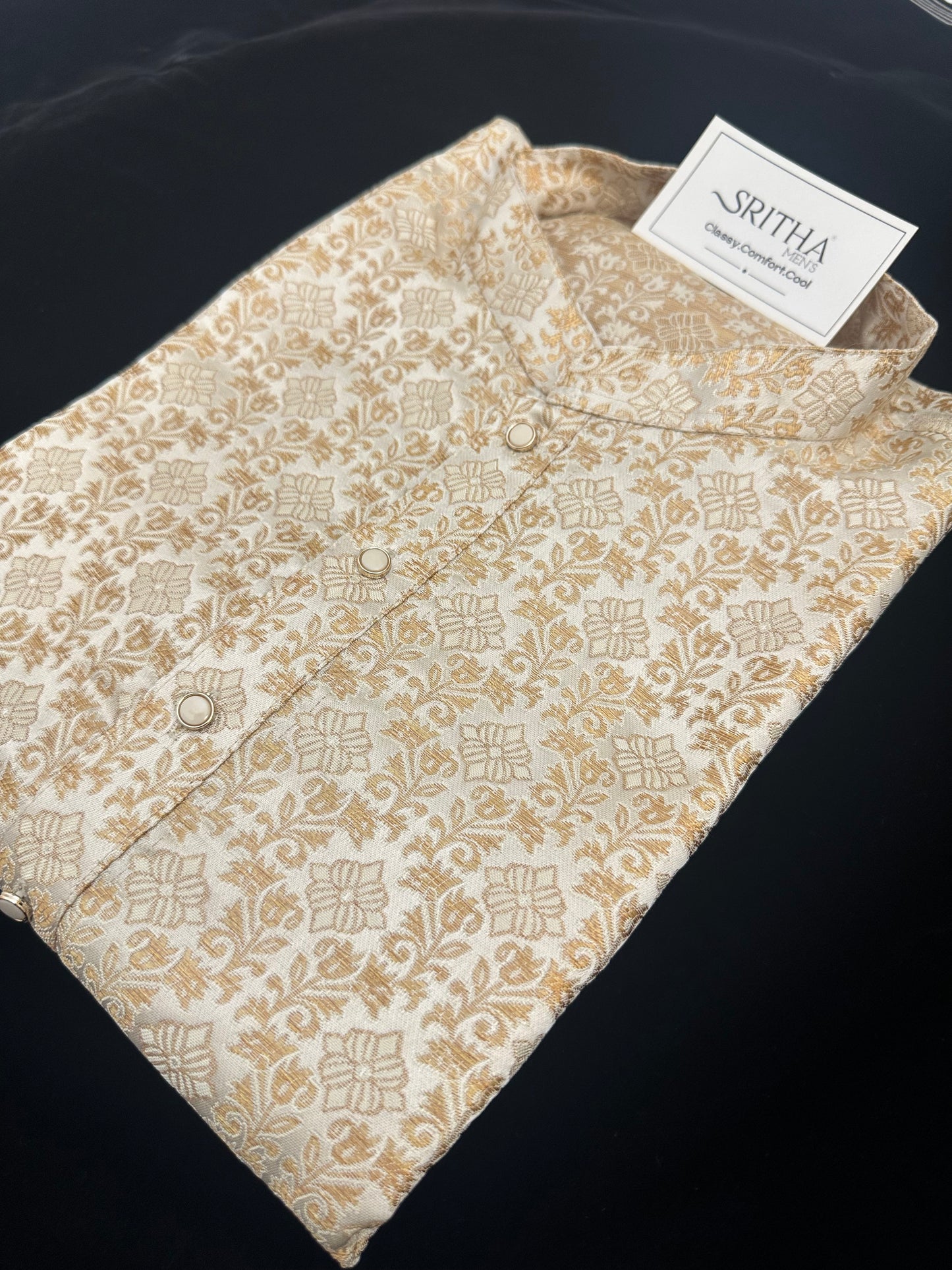 SM0626-02-15 Cream Based Gold Design Jacquard Silk Kurta Set