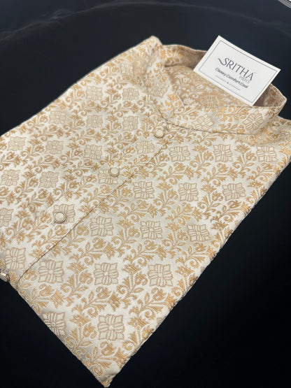 SM0626-02-15 Cream Based Gold Design Jacquard Silk Kurta Set