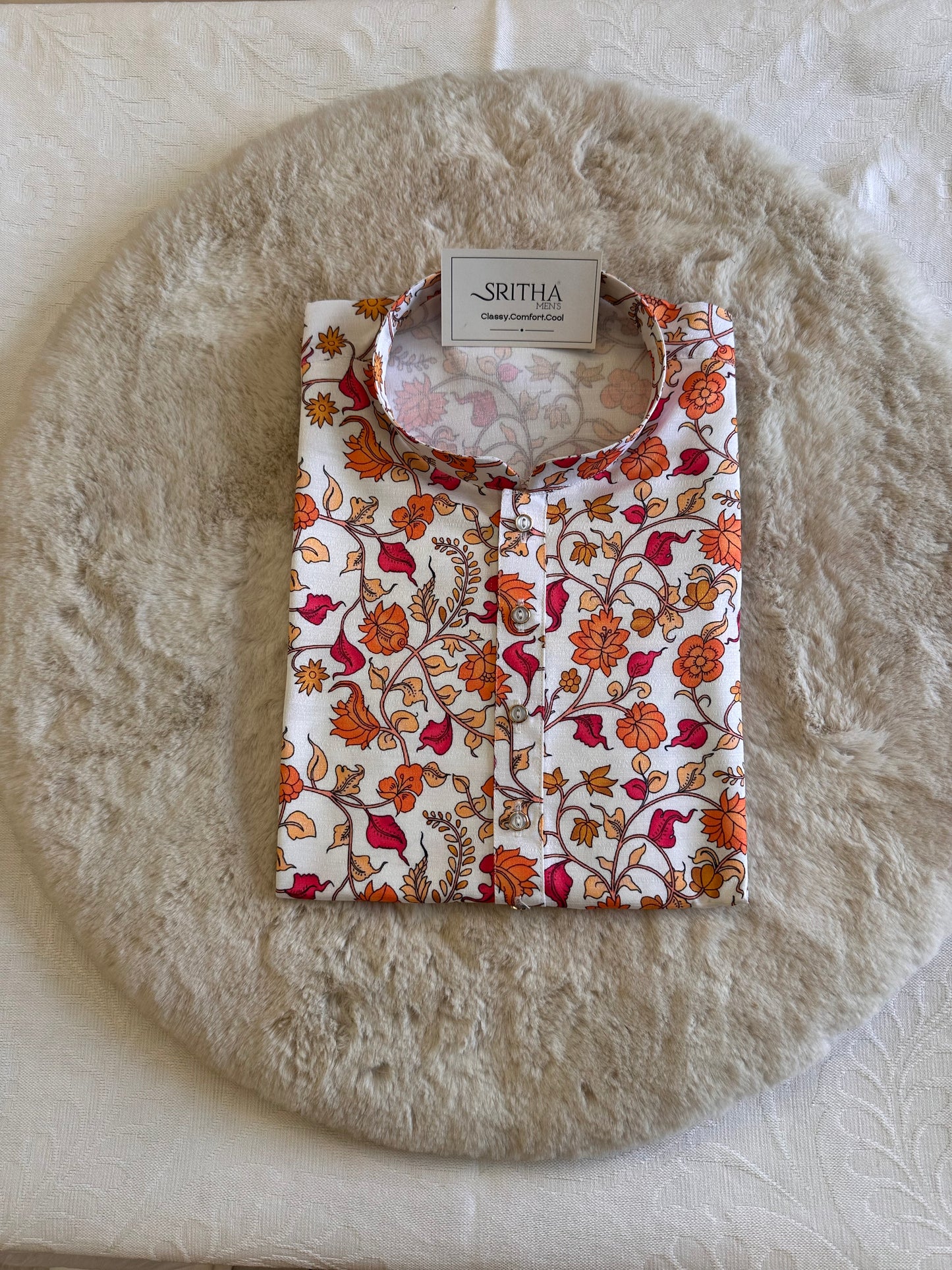 SM1225-01-04 White & Orange Floral Khadi Silk Kurta