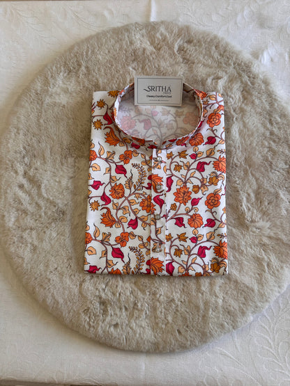SM1225-01-04 White & Orange Floral Khadi Silk Kurta