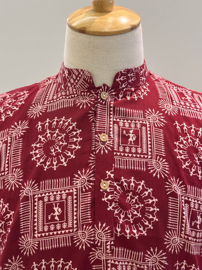 SM1025-18-08 Red Tribe Print Short Cotton Kurta