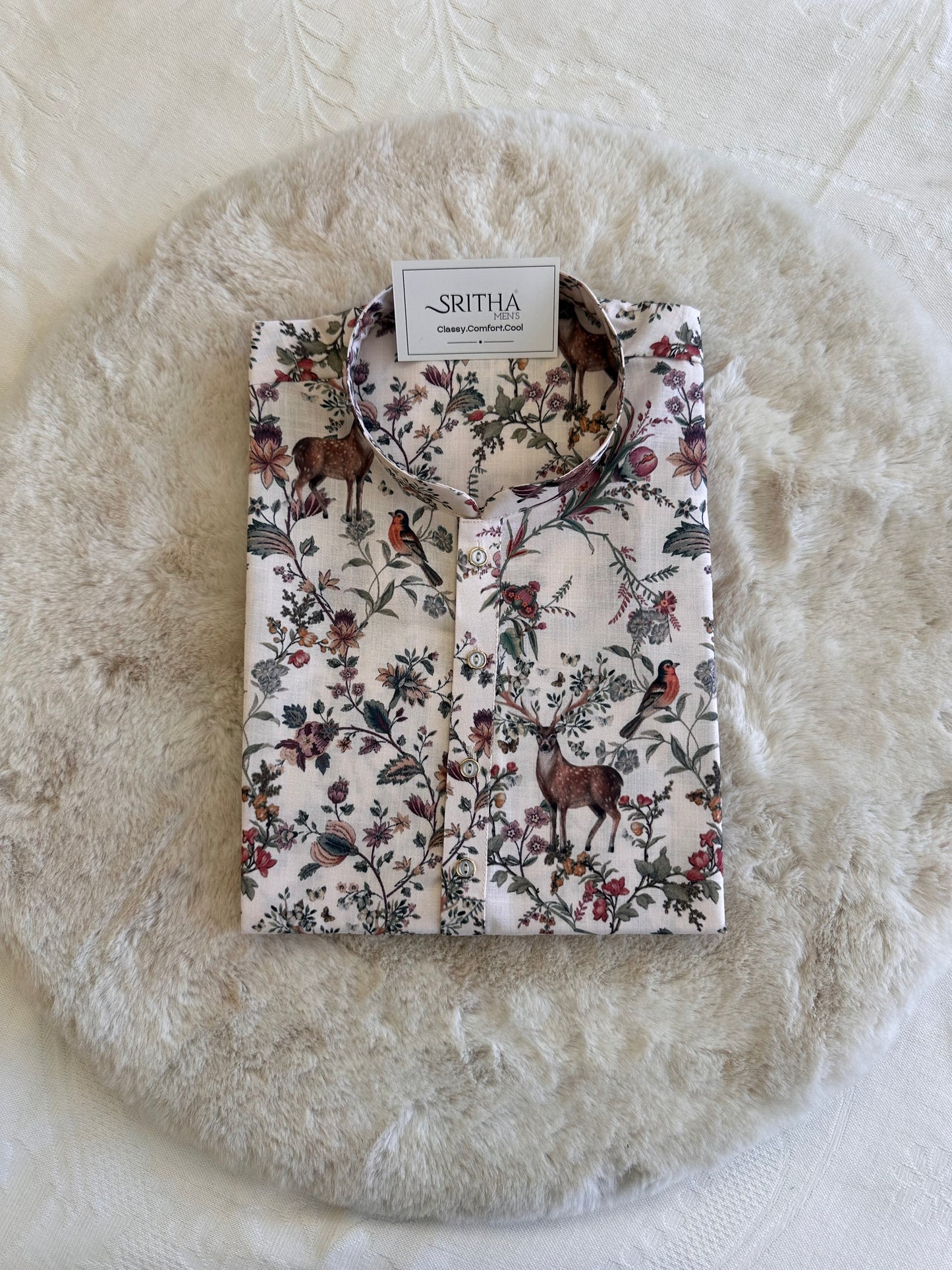 SM1225-01-06 Cream Deer Printed Cotton Kurta