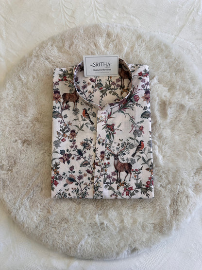 SM1225-01-06 Cream Deer Printed Cotton Kurta