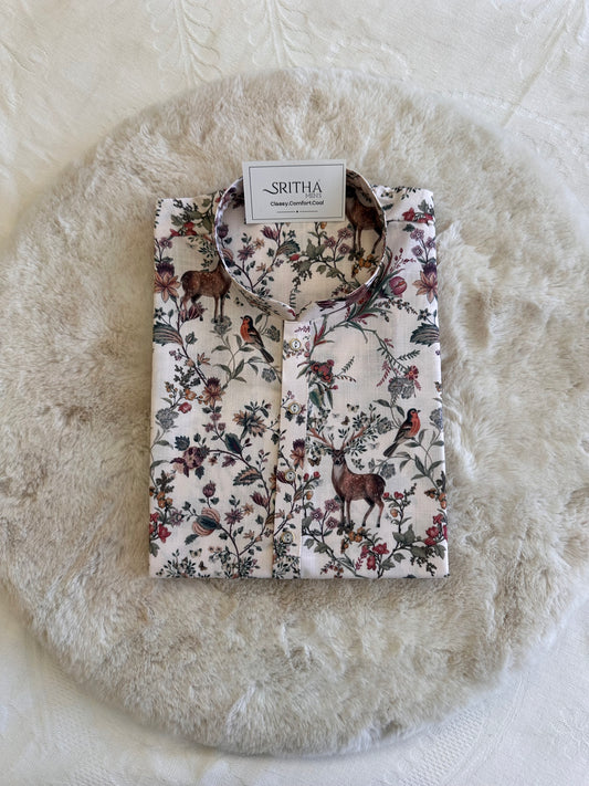 SM1225-01-06 Cream Deer Printed Cotton Kurta