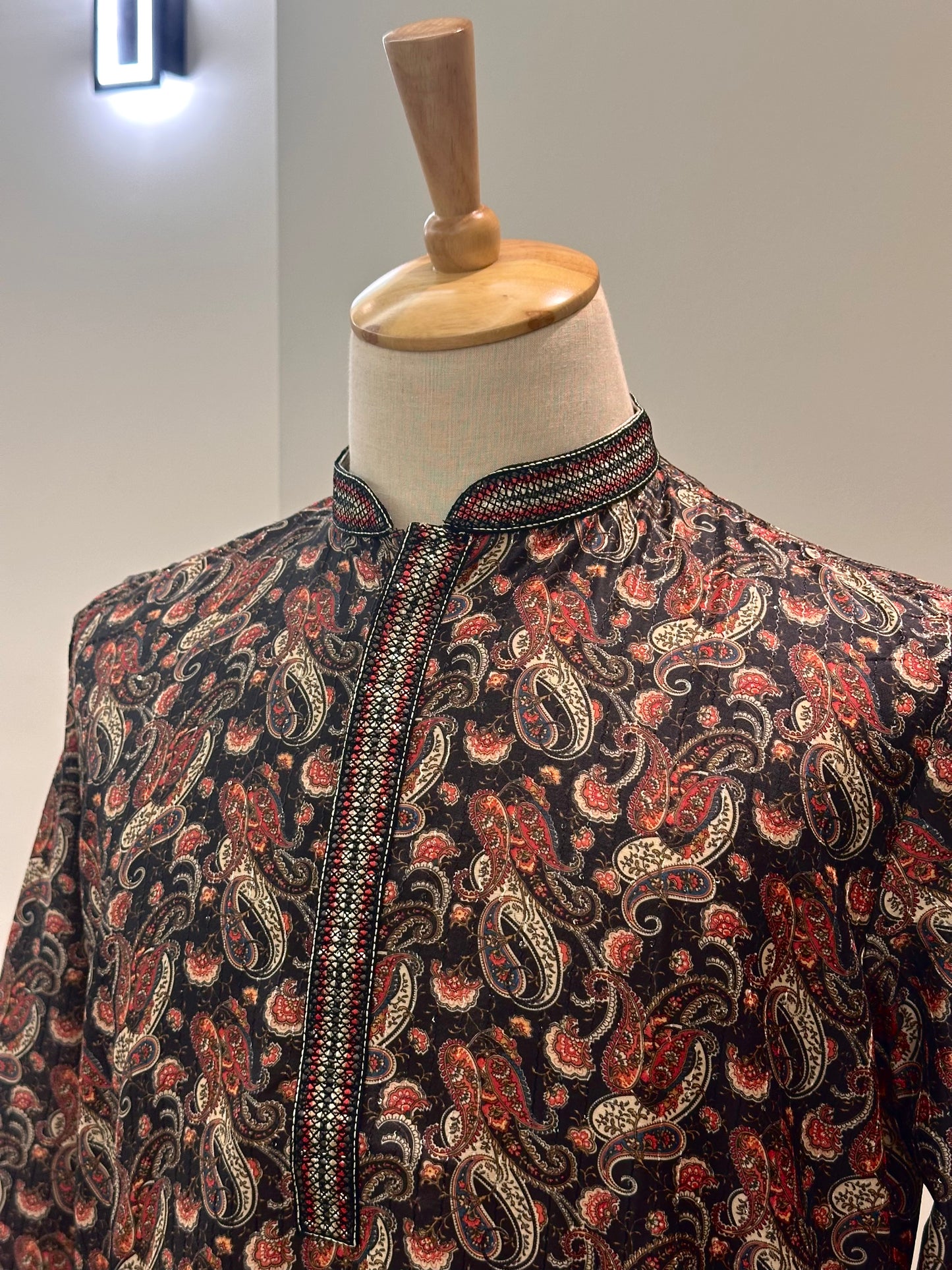 SM0326-06-07 Black & Red Paisley Design with  Sequins Soft Cotton Blend Kurta Set