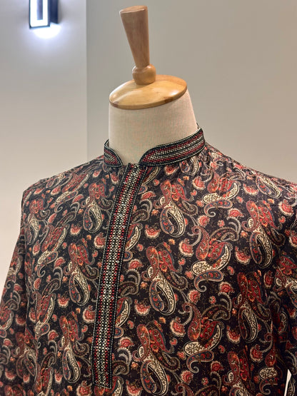 SM0326-06-07 Black & Red Paisley Design with  Sequins Soft Cotton Blend Kurta Set