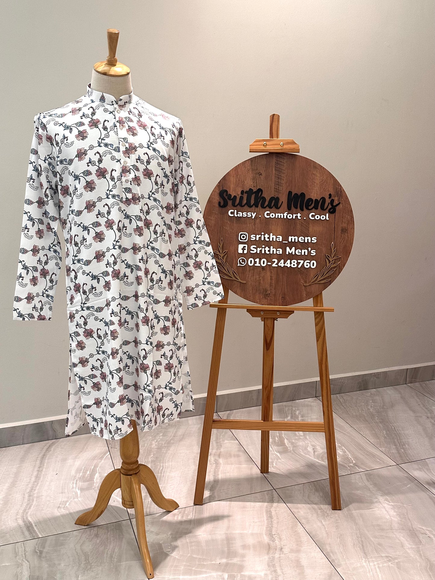 SM1225-01-03 White Base Blue Floral Soft Khadi Silk Kurta