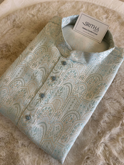 SM0526-02-04 Dual Shade Blue With Golden Lining Jacquard Silk Kurta Set