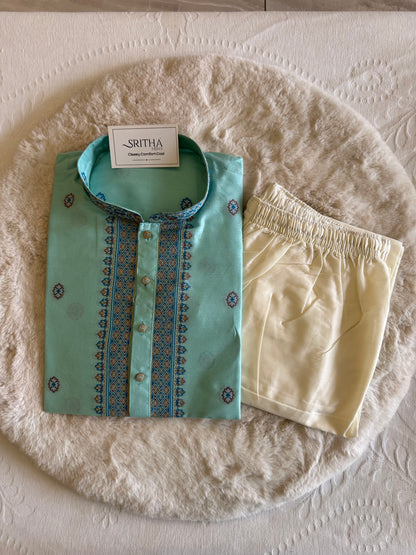 SM1125-06-02 Turquoise Soft Silk & Woven Design Kurta Set