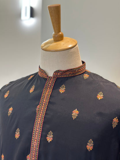 SM1125-06-05 Black Soft Silk & Colourful Embroidery Kurta Set