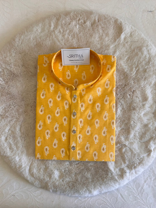 SM0126-01-01 Yellow & White Printed Cotton Kurta