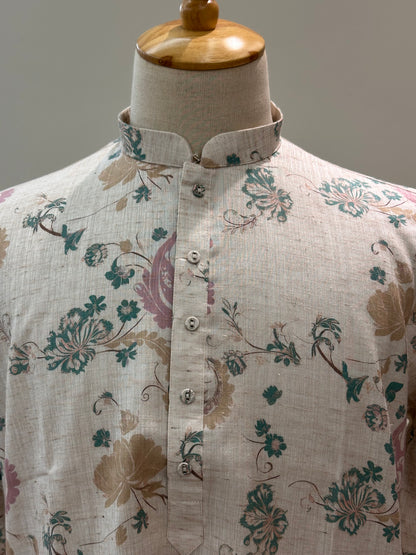 SM0226-01-04 Beige With Blue Pink Cotton Linen Kurta Set