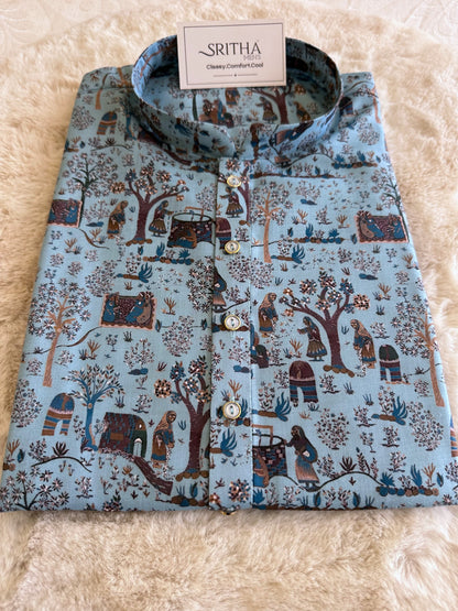 SM0625-01-02 Light Blue Printed Cotton Kurta