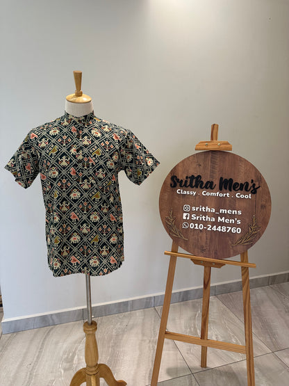 SM1025-16-06 Green Elephant Print Short Cotton Kurta