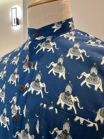 SM1025-16-04 Blue Base Elephant Print Short Cotton Kurta