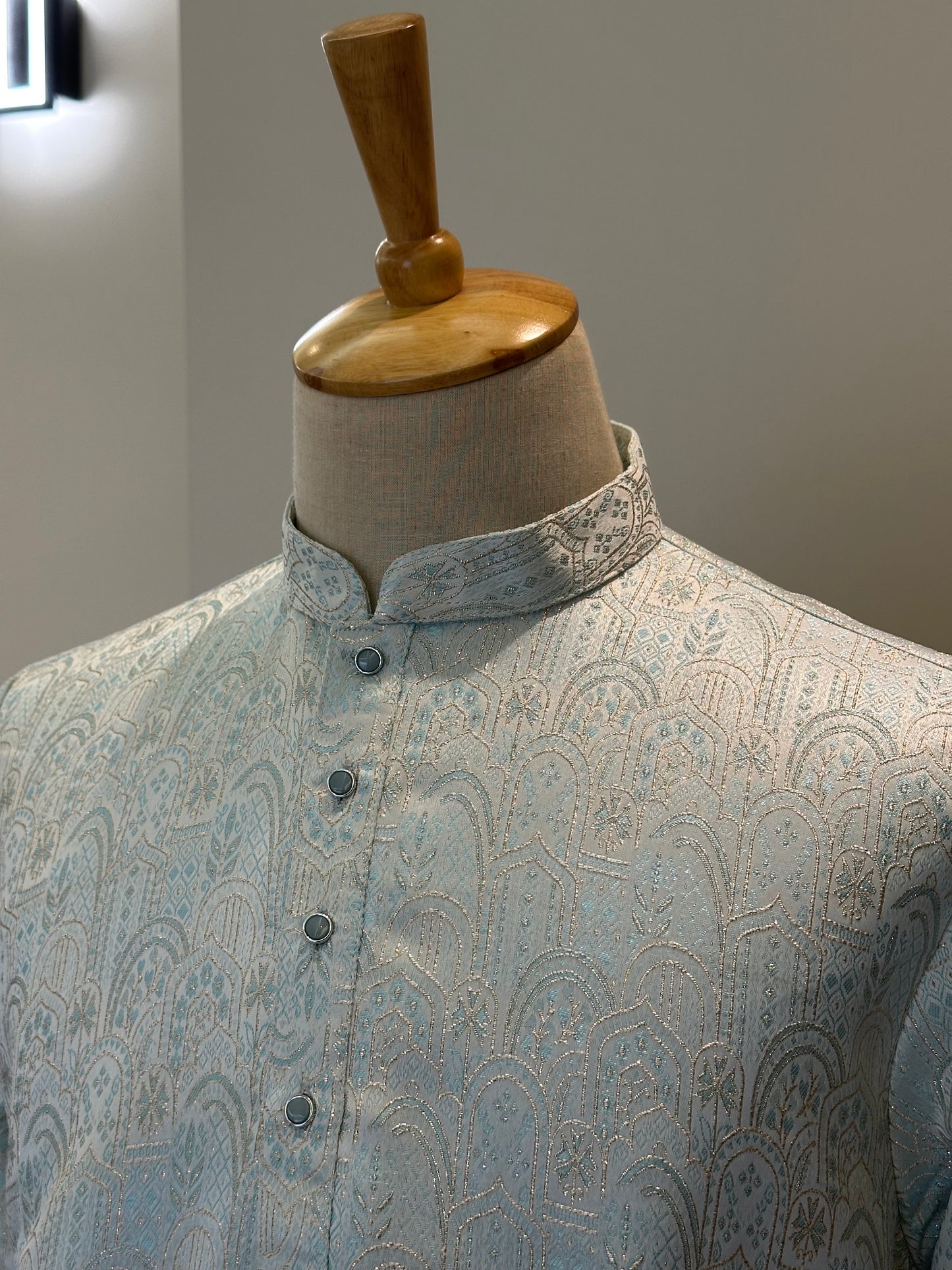 SM0526-02-04 Dual Shade Blue With Golden Lining Jacquard Silk Kurta Set