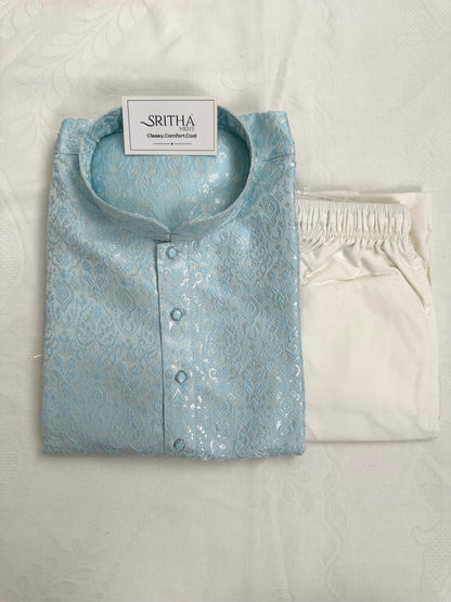 SM0826-02-03 Pastel Blue & Silver Soft Jacquard Silk Blend Kurta Set