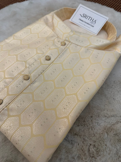 SM0626-02-14 Pastel Yellow & Silver Jacquard Silk Blend Kurta Set