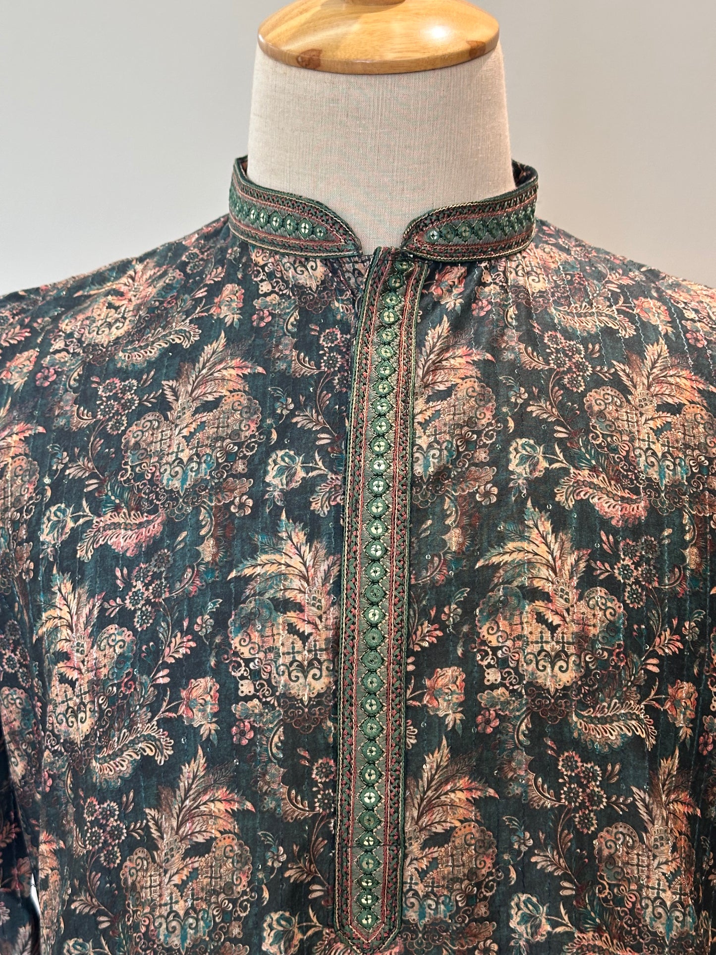 SM0326-06-05 Dark Green Floral With Transparent Sequins Soft Cotton Blend Kurta Set