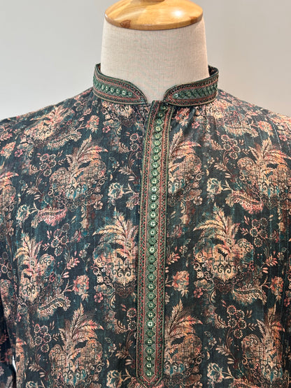 SM0326-06-05 Dark Green Floral With Transparent Sequins Soft Cotton Blend Kurta Set