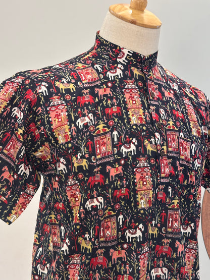SM0326-16-02 Black Base Tribe Print Short Cotton Kurta