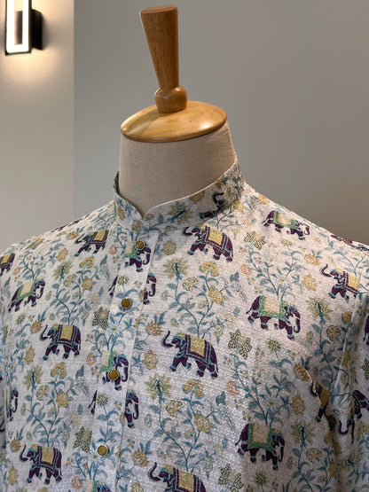 SM1125-02-06 Off White Blue Elephant Print Soft Silk Blend Kurta Set