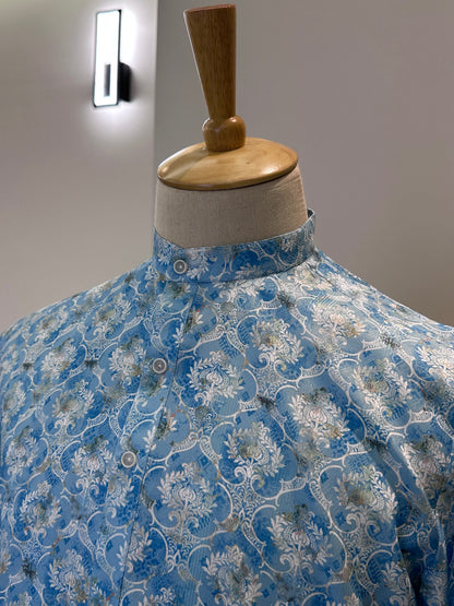 SM1025-18-01 Blue Floral Short Cotton Blend Kurta