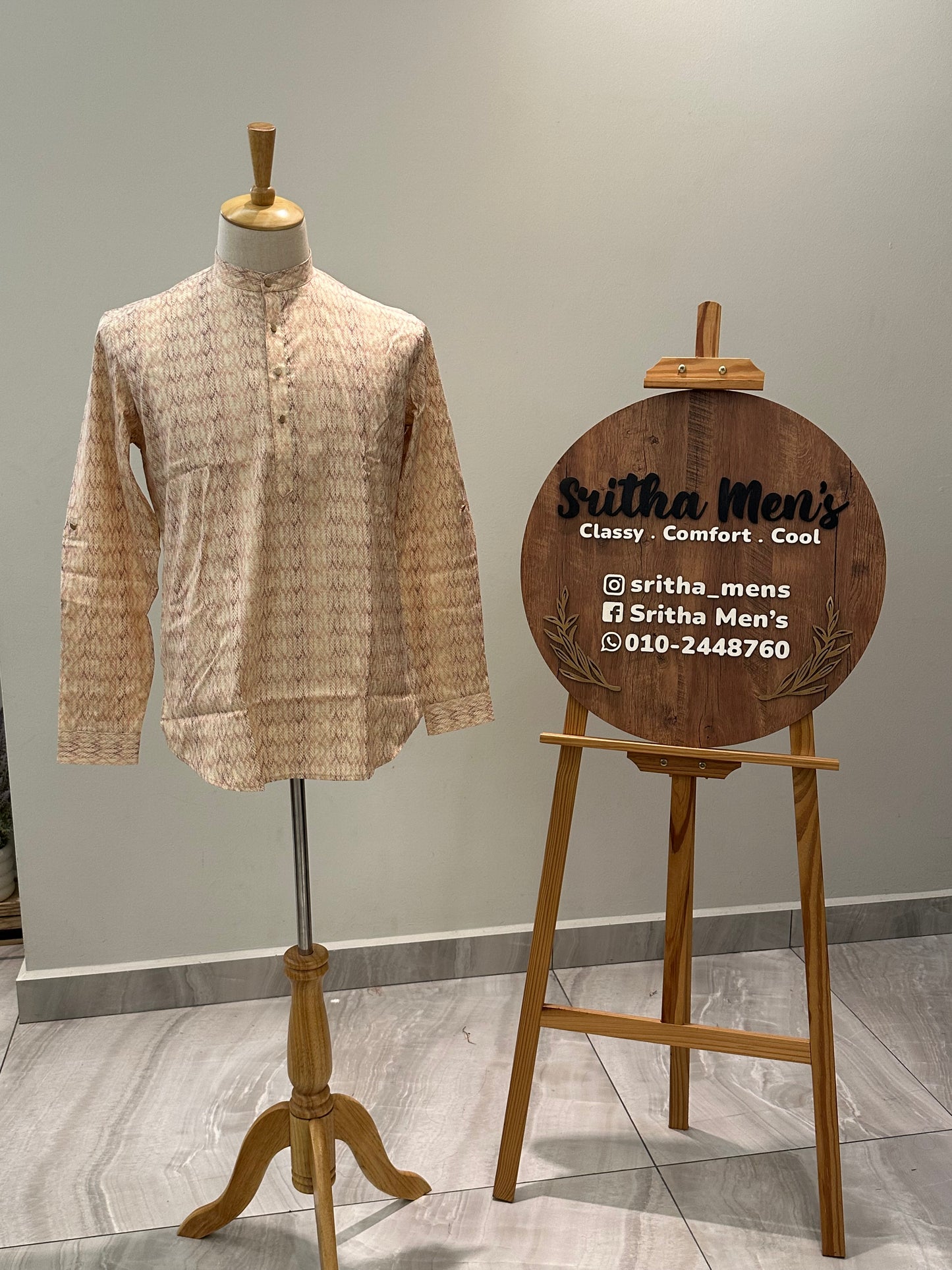 SM1224/25-01-16 Cream Purple Cotton Long Sleeve Short Kurta