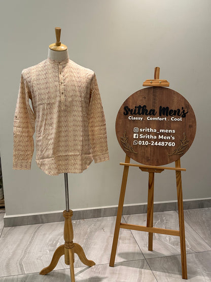 SM1224/25-01-16 Cream Purple Cotton Long Sleeve Short Kurta