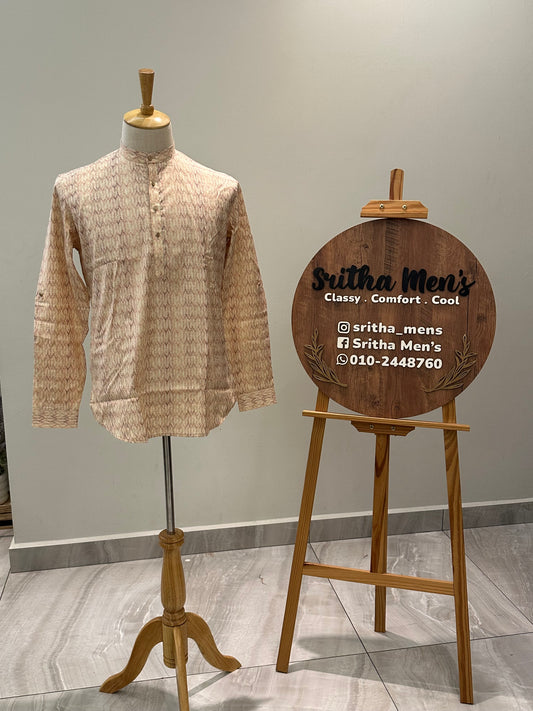 SM1224/25-01-16 Cream Purple Cotton Long Sleeve Short Kurta