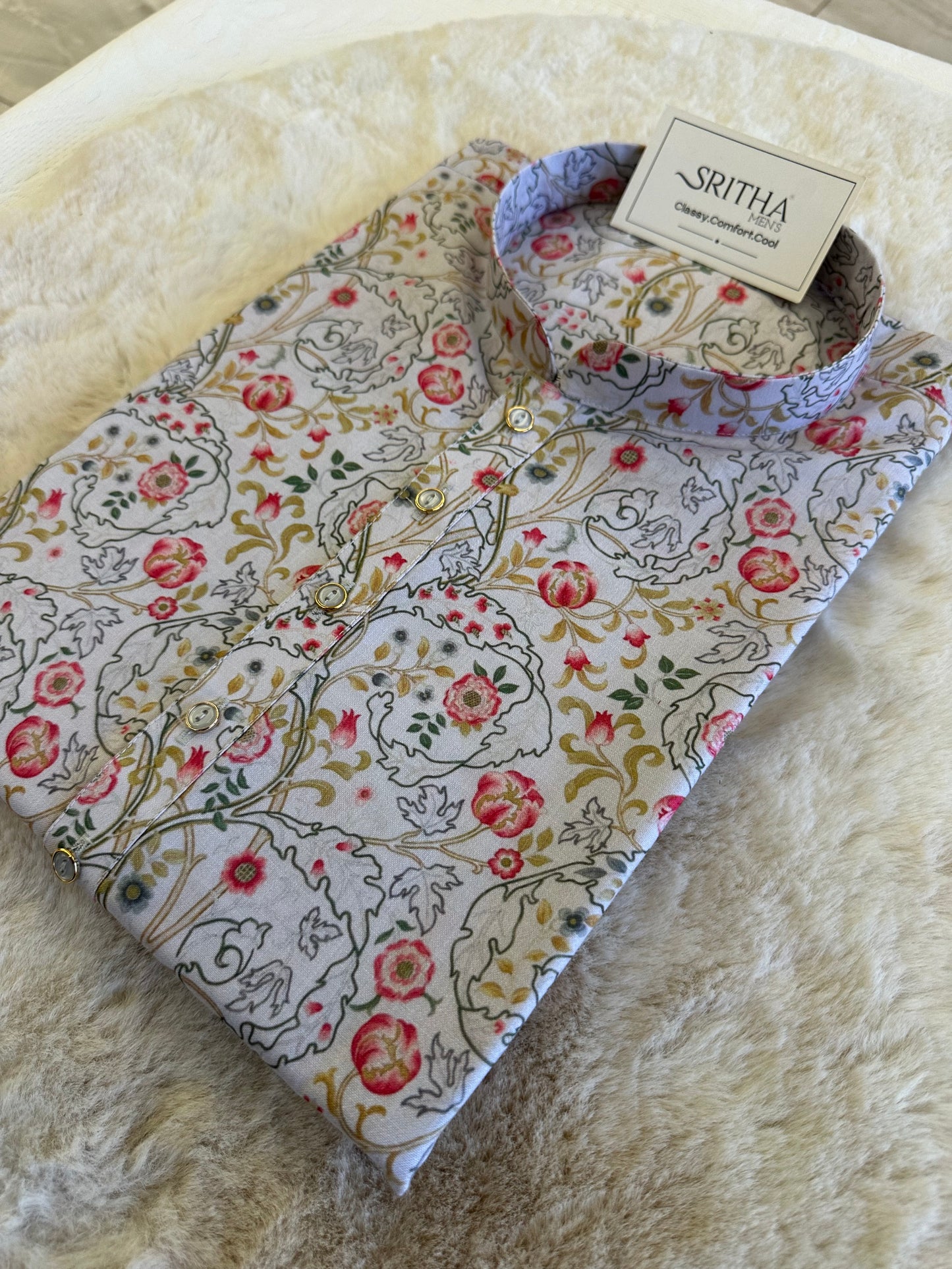 SM0925-01-13 White Faded Floral Cotton Kurta