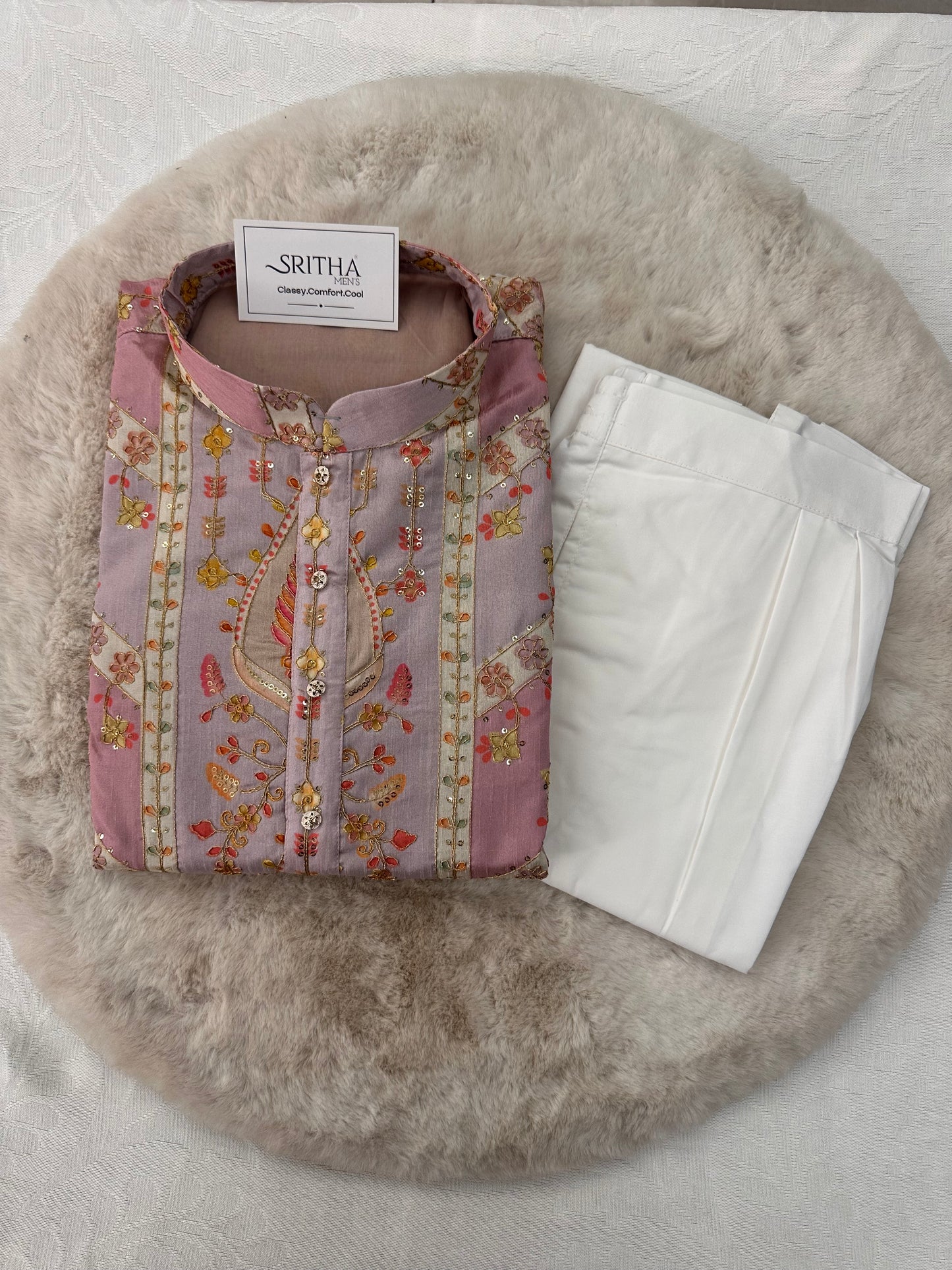 SM0326-02-05 Liliac Pink Heavy Work Silk Blend with Cotton Lining Kurta Set