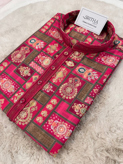 SM1225-01-12 Rani Pink & Gold White Soft Cotton Silk Kurta
