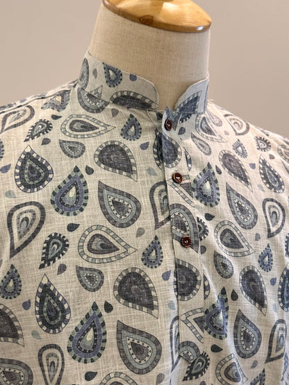 SM0126-18-10 Grey & Blue Print Short Cotton Kurta